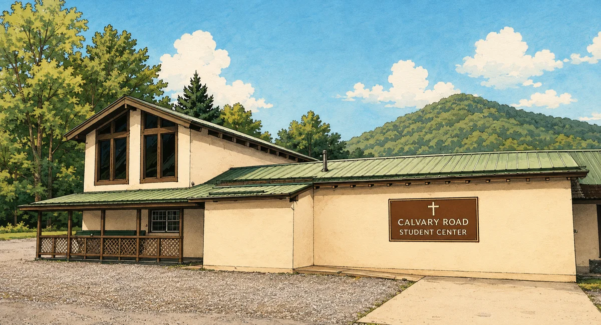 Comic-style illustration of the Calvary Road student center